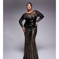 Gold - Long Dresses Goddiva Long Sleeve Aztec Sequin Maxi Dress - Gold