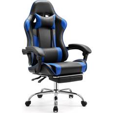 Sweetcrispy Video Game Desk Chair Ergonomic Computer with Footrest and Comfy Lumbar Support, PU Leather Recliner with Headrest, Fixed Up Armrest, Height Adjustable with 360 Swivel, for Adults, Blue