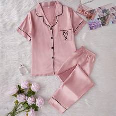 Shein Women Underwear Shein Imitation Silk Heart Embroidered Pajama Set - Shirt/Pants