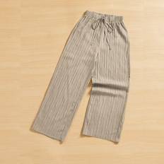 Shein Waist Tie Texture Wide Leg Capri Pants - Solid Color