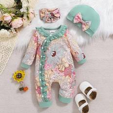 Elastane Jumpsuits Children's Clothing Shein Floral Print Jumpsuit With Hat - Autumn/Winter