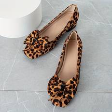 Polyester Heels & Pumps Temu Bowknot Decor Chunky Heels - Leopard Print