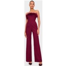 Faux Fur - Women Jumpsuits & Overalls PrettyLittleThing Faux Fur Bandeau Straight Leg Jumpsuit - Burgundy