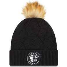 Basketball Beanies New Era Women's Black Brooklyn Nets Snowy Cuffed Knit Hat with Pom Black (One Fits All)