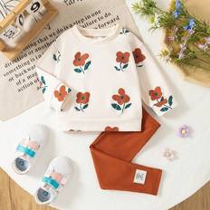 Shein Flower Print Ribbed Crew Neck Sweatshirt - Autumn/Winter