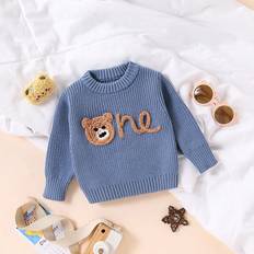 9-12M Knitted Sweaters Children's Clothing Shein Cartoon Bear Letter Embroidery Pullover Sweater - Casual