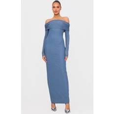 Stål Klänningar PrettyLittleThing Diamante Bardot Long Sleeve Maxi Dress - Steel Blue