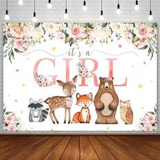 Photo Backgrounds Sendy 7x5ft It's a Girl Baby Shower Backdrop Woodland Wild Animals Oh Baby Party Decorations Supplies Safari Sweet Deer Blush Pink Floral Photography Background Banner Photo Booth Studio Props Vinyl