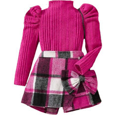 Pink Other Sets Children's Clothing Shein 2pcs/Set Young Girls Casual Puff Sleeve Tops & Bow Plaid Skort, Fashion Outfits