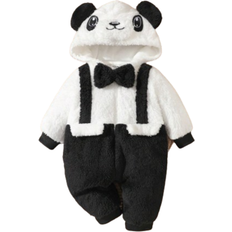 Black Jumpsuits Children's Clothing Shein Persoplay Kids 1 Piece Baby Boys Romper with Hood, Plush, Bow Tie and Panda Embroidery, Soft & Comfortable, Casual Style Perfect for Outdoor, Travel, Everyday Wear in Autumn & Winter