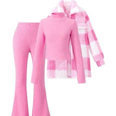 Pink Other Sets Children's Clothing Shein Tween Girl 3pcs Pink Outfit Set: Plaid Lapel Long Sleeve Jacket & Solid Turtleneck Long Sleeve Tee & Solid Flare Leg Pants