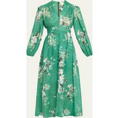 Zimmermann Everley Plunge Floral Linen Midi Dress - Green