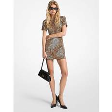 Cheetah Print Stretch Crepe Shift Dress - Natural