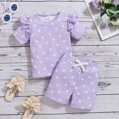 Shein Toddler Baby Girl Summer Dress Set - Rib Purple