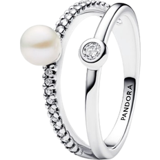 White Rings Pandora Treated Freshwater Cultured & Pavé Double Band Ring - Silver/Pearl/Transparent