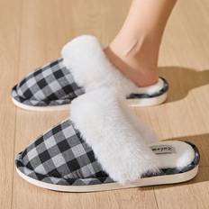 Polyester - Unisex Slippers Shein Thick Bottom Plaid Warm Slippers - Unisex