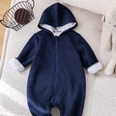 18-24M Jumpsuits Children's Clothing Shein Thermal Lined Knitted Hooded Long Sleeve Jumpsuit - Navy Blue
