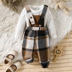 1-3M Other Sets Shein Newborn Baby Solid Color Round Neck T-Shirt And Plaid Suspender Pants Set - Plaid