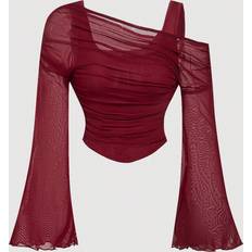 Brown - Elastane/Lycra/Spandex Blouses Shein Apricot Off-Shoulder Mesh Trumpet Sleeve - Vintage