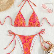 M Bikini Sets Shein Tropical Plant Printed Halter Neck Bikini Set - Random Print