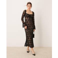 Gina Tricot Sheer Lace Maxi Dress with Fluted Sleeves - Black