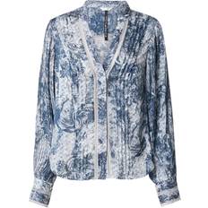 Multicoloured - Women Blouses Guess Women's Josette Crochet-Trim Pleated-Sleeve Top - Indigo Toile De Jouy