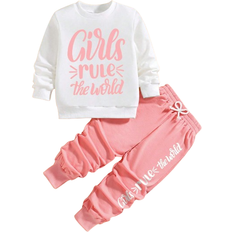 Girls - White Other Sets Shein Young Girl Letter Printed Crew Neck Sweatshirt And Pants Set