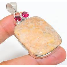 Coral Charms & Pendants Yes SOLID SILVER PALACE, Fossil Coral Rubillite Gemstone 925 Sterling Silver Jewelry Pendant 2.36