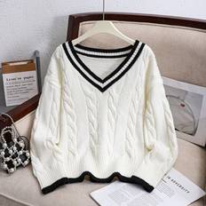 Shein Tween Girl V-Neck Striped Cable Knit Sweater - White/Black