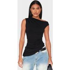 PrettyLittleThing Asymmetric Shoulder Ruched Longline Top - Black