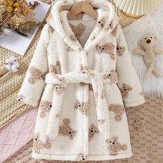Shein Cartoon Bear Hooded Warm Fleece Robe - Winter