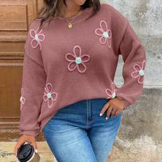 Florals - Women Jumpers Shein Plus Size Crew Neck Long Sleeve Sweater - Floral