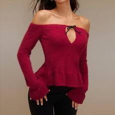 Slim - Women Blouses Shein Off Shoulder Long Sleeve Ruffled Blouse - Red