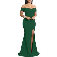 YMDUCH Off Shoulder High Split Long Formal Dress - Dark Green