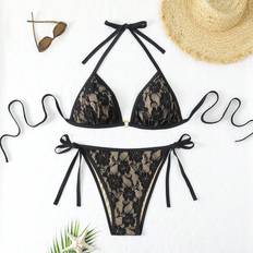 Shein Plus Size Halter Neck Split Swimsuit Set - Solid Color