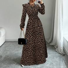 Shein Leopard Print Ruffle Tie Neck Long Sleeve Dress - Elegant