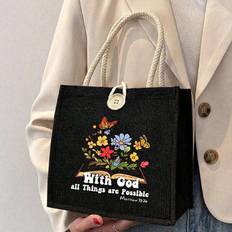 Linen Bags Shein God Letter Printed Tote Bag - Flower/Butterfly Pattern