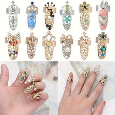 Temu Pcs Luxury Fingernails Ring Fashion Women Bowknot Knuckle Nail Ring Decoration Tip Nail Art Charm Crown Flower Crystal Rhinestone Finger Nail