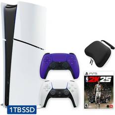 Sony Hyper-Tech (Record S/N) PlayStation 5 Slim Digital Edition 1TB SSD NBA2K25 Bundle with Two Controllers White and Galactic Purple DualSense Hard Shell Protective Controller Case Region Free PS5 Console