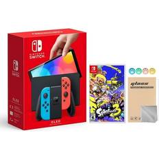 Nintendo Hyper-Tech (Record S/N) 2022 New Switch OLED Model Neon Red & Blue Joy Con 64GB Console with Splatoon 3 Game HD Screen & LAN-Port Dock Mytrix Joystick Caps & Screen Protector