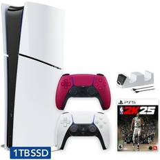 Game Consoles Sony Hyper-Tech (Record S/N) PlayStation 5 Slim Digital Edition 1TB SSD NBA2K25 Bundle with Two Controllers White and Cosmic Red DualSense and Mytrix Dual Controller Charger Region Free PS5 Console