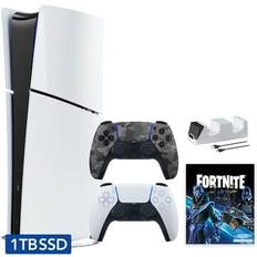 Game Consoles Sony Hyper-Tech (Record S/N) PlayStation 5 Slim Digital 1TB SSD Fortnite Cobalt Star Console with Two Controllers White and Gray Camouflage DualSense and Dual Controller Charger PS5 Slim Digital Console