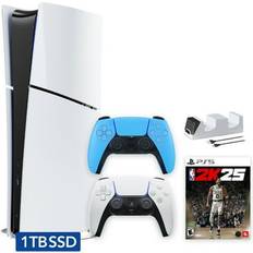 Game Consoles Sony Hyper-Tech (Record S/N) PlayStation 5 Slim Digital Edition 1TB SSD NBA2K25 Bundle with Two Controllers White and Starlight Blue DualSense and Mytrix Dual Controller Charger Region Free PS5 Console