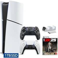 Game Consoles Sony Hyper-Tech (Record S/N) PlayStation 5 Slim Digital Edition 1TB SSD NBA2K25 Bundle with Two Controllers White and Gray Camouflage DualSense and Mytrix Dual Controller Charger Region Free PS5 Console