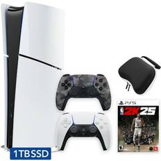 Sony Hyper-Tech (Record S/N) PlayStation 5 Slim Digital Edition 1TB SSD NBA2K25 Bundle with Two Controllers White and Gray Camouflage DualSense Hard Shell Protective Controller Case Region Free PS5 Console