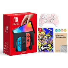 Game Consoles Nintendo Hyper-Tech (Record S/N) Switch OLED Model Neon Red & Blue Joy Con 64GB Console with Splatoon 3 Game HD Screen & LAN-Port Dock Mytrix Sakura Pink Wireless Pro Controller and Accessories