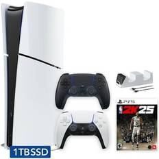 Game Consoles Sony Hyper-Tech (Record S/N) PlayStation 5 Slim Digital Edition 1TB SSD NBA2K25 Bundle with Two Controllers White and Midnight Black DualSense and Mytrix Dual Controller Charger Region Free PS5 Console