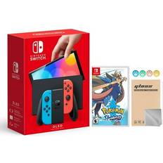 Nintendo Hyper-Tech (Record S/N) 2021 New Switch OLED Model Neon Red & Blue Joy Con 64GB Console HD Screen & LAN-Port Dock with Pokemon Sword And Mytrix Joystick Caps & Screen Protector