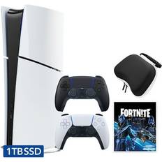 Game Consoles Sony Hyper-Tech (Record S/N) PlayStation 5 Slim Digital 1TB SSD Fortnite Cobalt Star Console with Two Controllers White and Midnight Black DualSense and Hard Shell Protective Controller Case PS5 Slim Digital Console