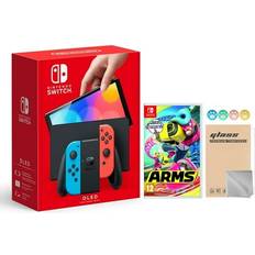 Nintendo Hyper-Tech (Record S/N) 2021 New Switch OLED Model Neon Red & Blue Joy Con 64GB Console HD Screen & LAN-Port Dock with Arms And Mytrix Joystick Caps & Screen Protector